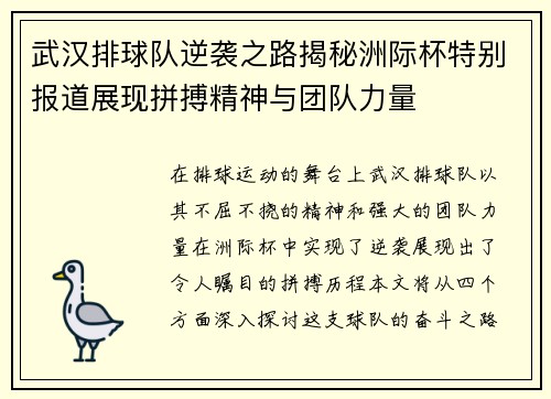 武汉排球队逆袭之路揭秘洲际杯特别报道展现拼搏精神与团队力量